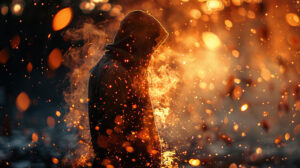 Zyphar standing silently beneath a sky breaking into fire